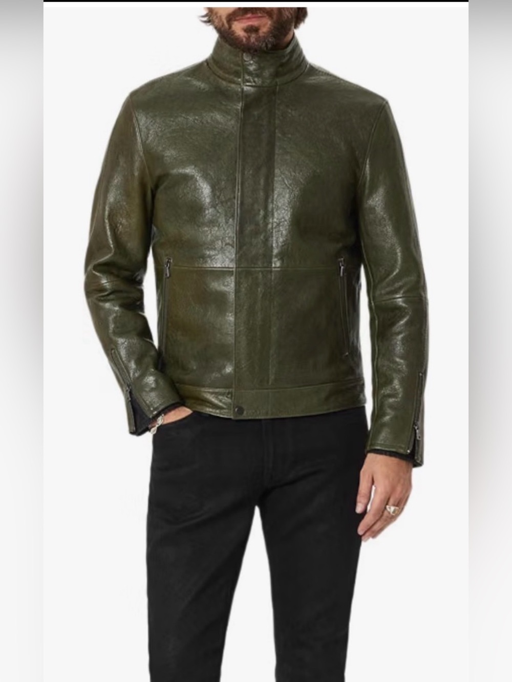 $898 John Varvatos Maverick Green Leather Jacket Size EU 48 USA 38